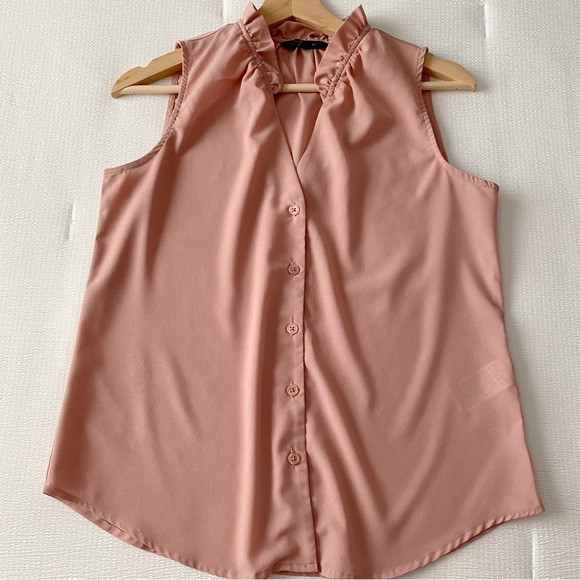 Banana Republic Pink Ruffle Neck Pink Sleeveless Button Down Top - Picture 6 of 8